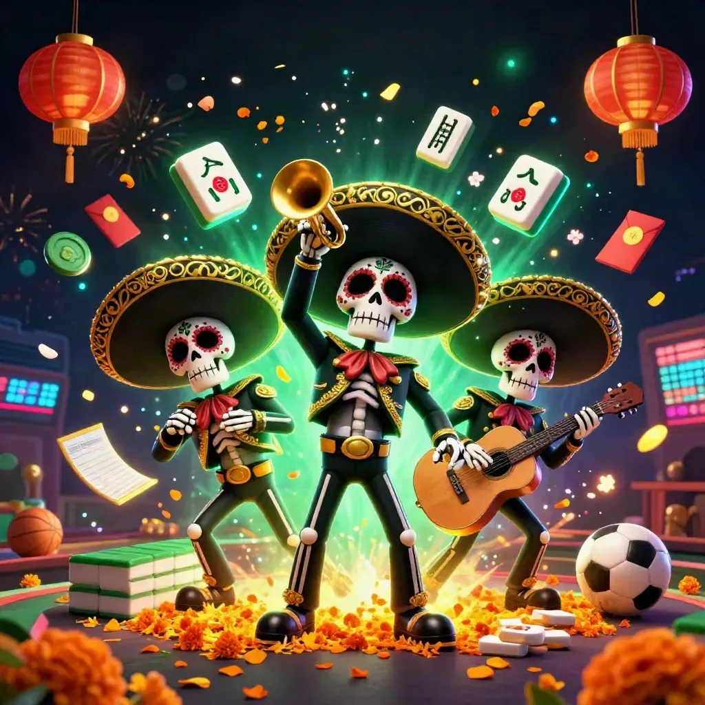 Skeleton mariachi trio amid casino tokens, fireworks, and sports balls on a dark neon background.