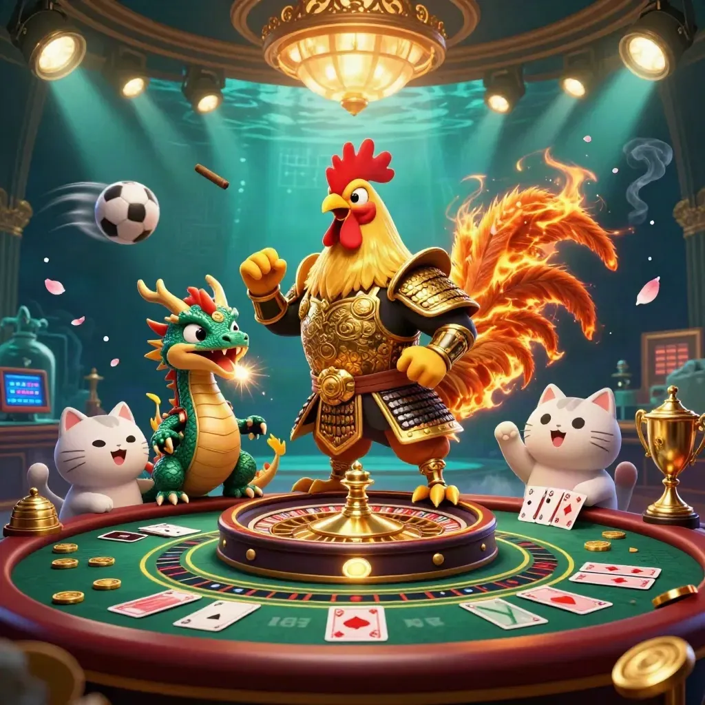 Rooster samurai, dragon hatchling, and fortune-cat in a luxe casino scene with roulette and cards