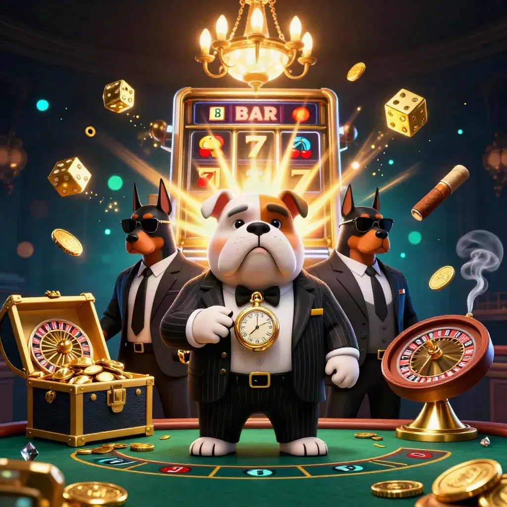 Bulldog casino boss with Dobermans amid jackpot rays, gold, smoke, and luxe lighting.