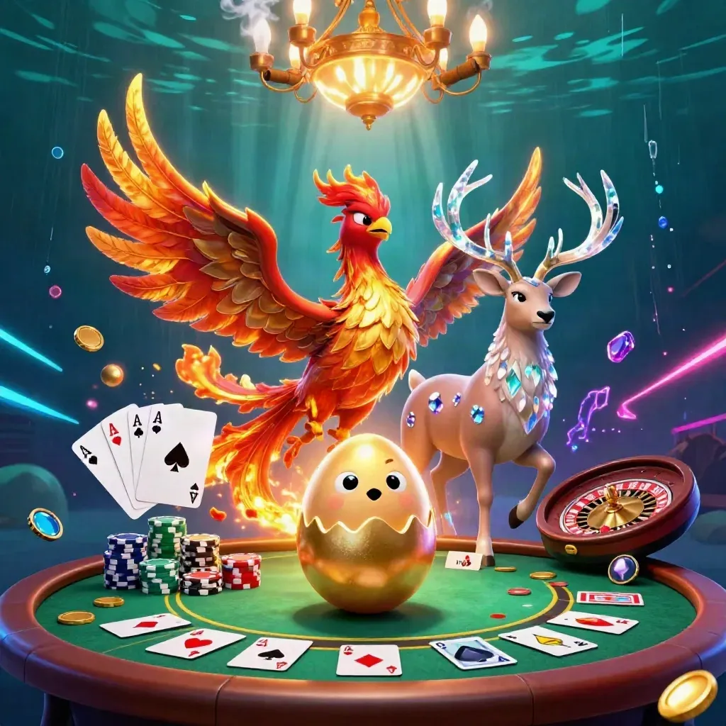 Phoenix, baby phoenix and crystalline stag amid casino props and neon underwater glow