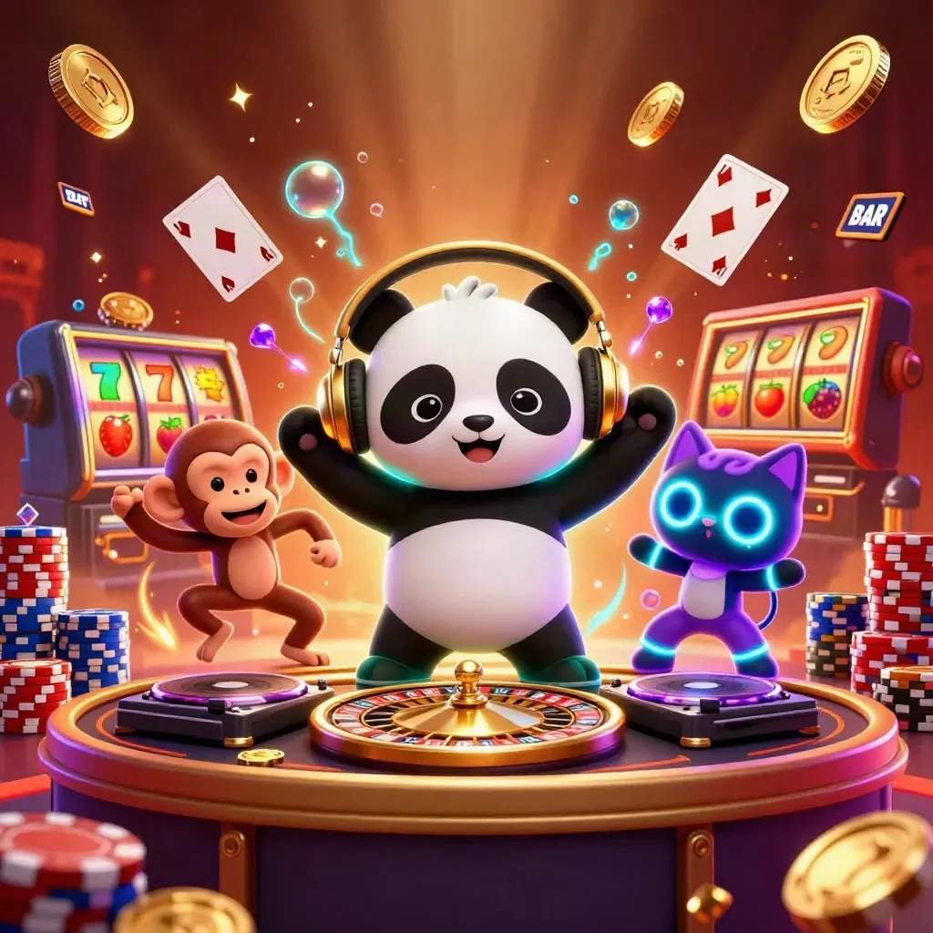 DJ panda, dancing monkey, and glow-stick kitten amid casino coins, chips, cards, and neon light.
