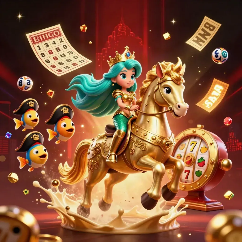 Mermaid princess on armored seahorse amid pirate fish, gems, balls, reels, and glowing casino effects