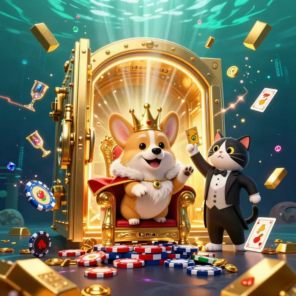 Crowned corgi and cat butler burst from a vault with gold, gems, and neon casino light.
