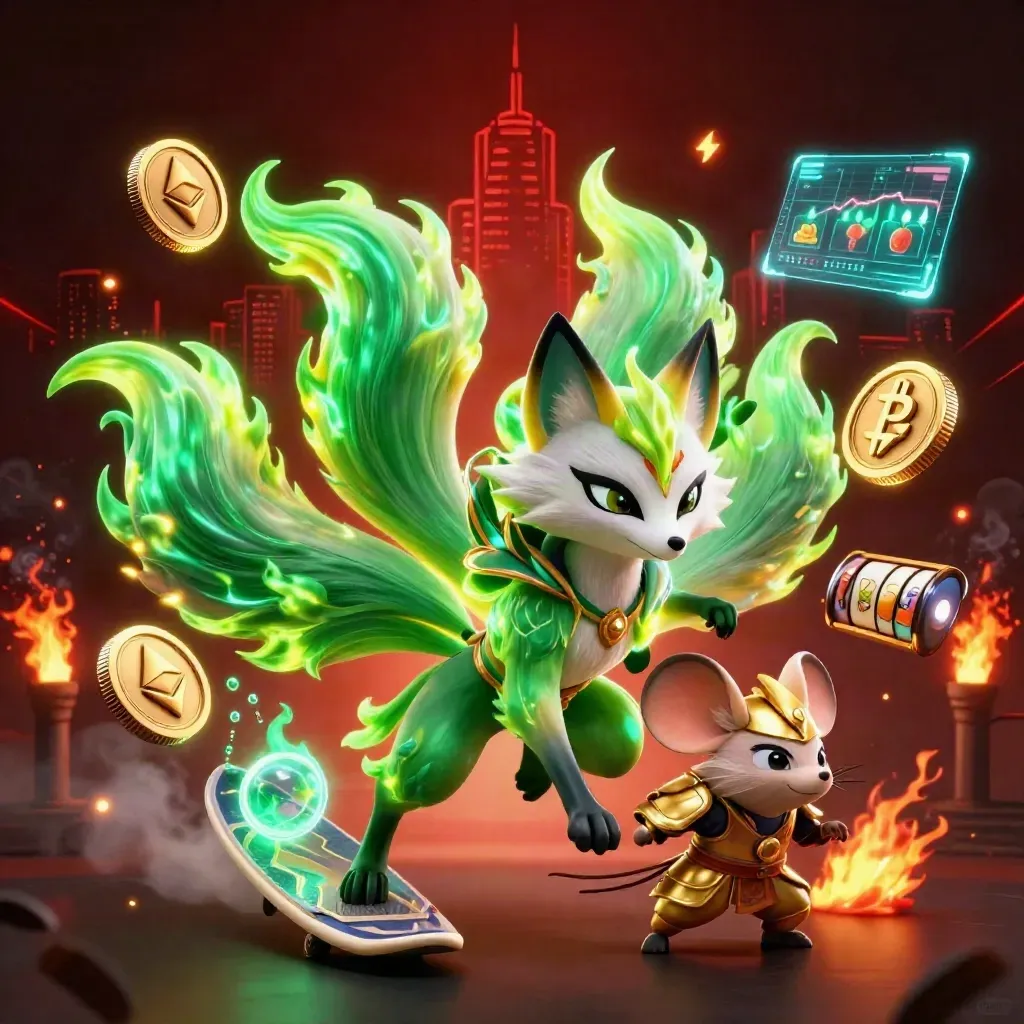 Emerald nine-tailed fox spirit with gold samurai mouse amid crypto coins, lightning, reels, and fire.