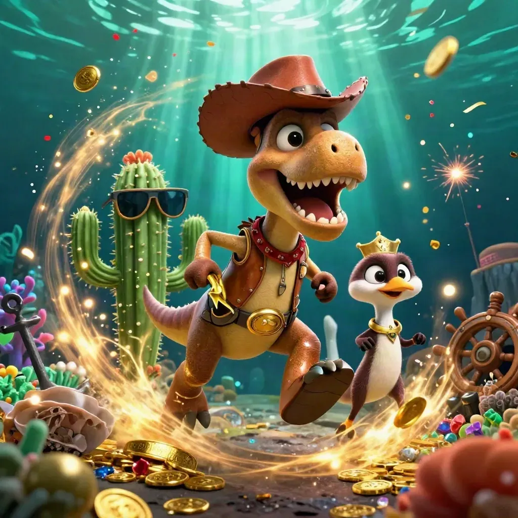 Cowboy T-Rex, cactus sidekick, and roadrunner burst through an underwater treasure cove.
