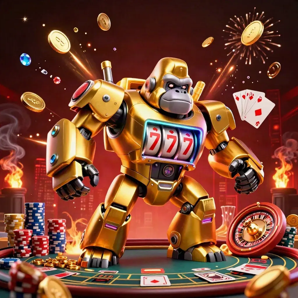 Golden gorilla mech bursts with coins, chips, cards, roulette wheel, and fireworks on a dark casino glow.