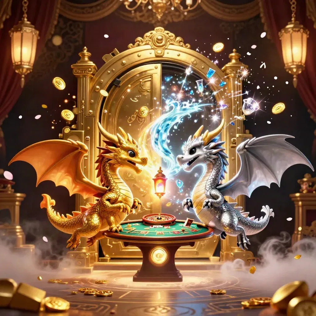 Twin gold and silver dragons burst from a vault amid coins, gems, fire, ice, and casino sparkle.