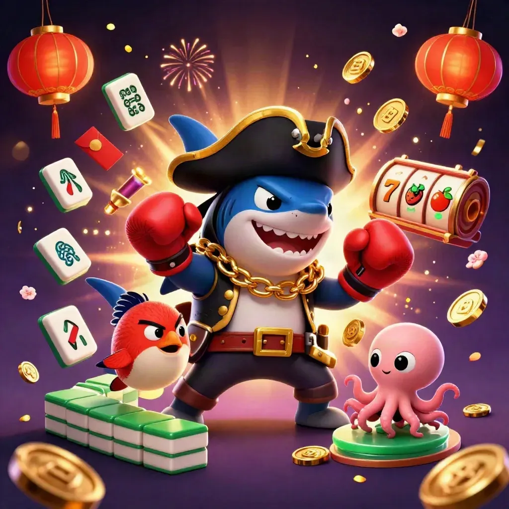 Pirate shark, boxing pufferfish, and juggling octopus amid casino coins, lanterns, and slot symbols.