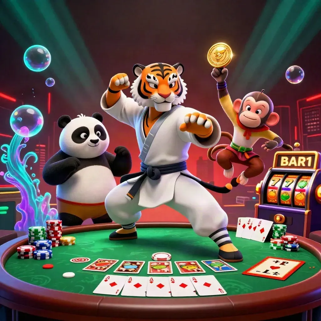 Tiger master, panda disciple, and monkey steal a medal amid neon casino chips and slot reels.