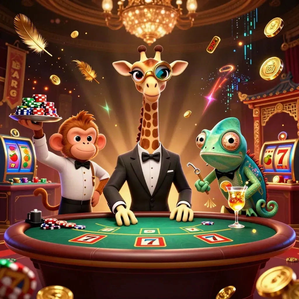 Giraffe, monkey valet, and chameleon bartender in a luxe casino chaos scene with gold sparks.