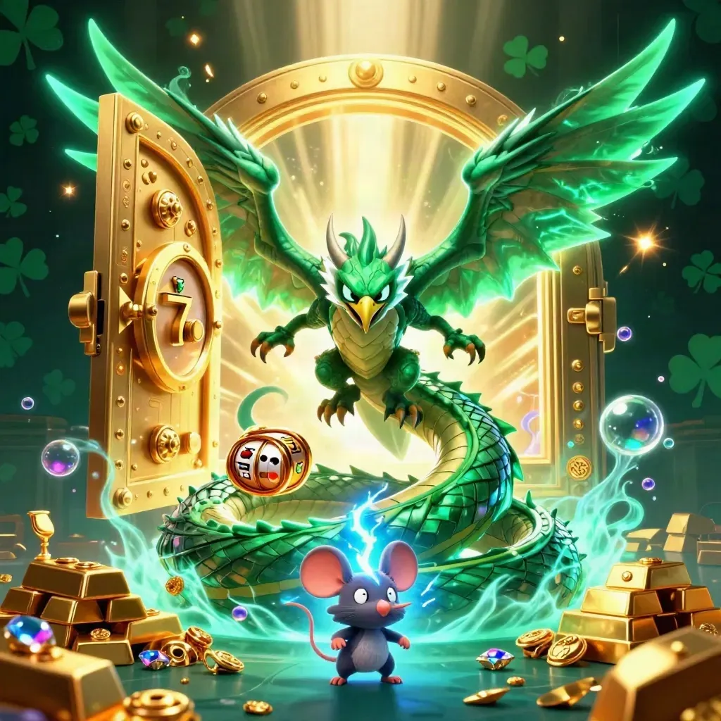Thunder dragon, wind hawk, and crackling mouse amid gold vault, gems, reels, and neon magic.