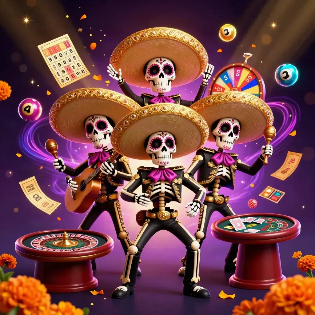 Skeleton mariachi trio amid casino icons, gold sparks, and neon glow on a dark purple starfield.