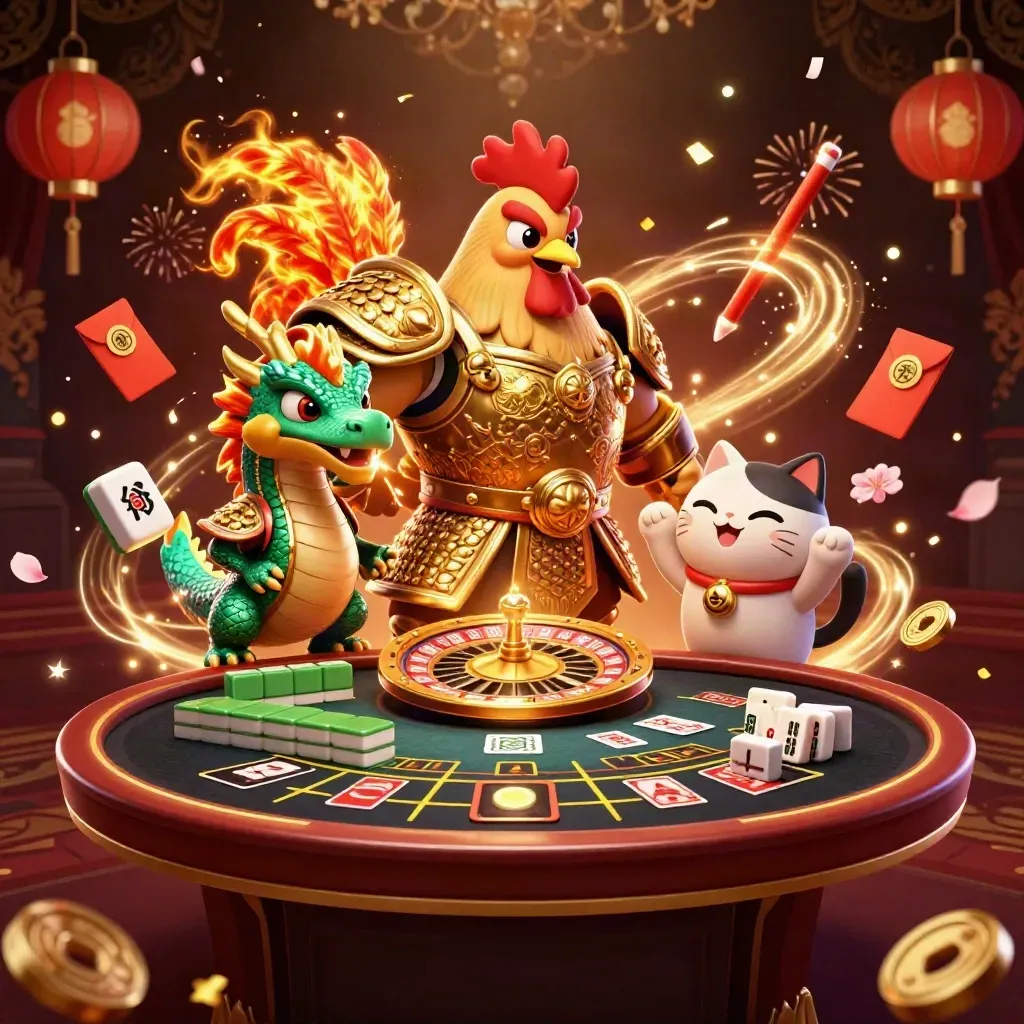 Rooster samurai, dragon hatchling, and fortune cat amid casino sparks, coins, and neon roulette.