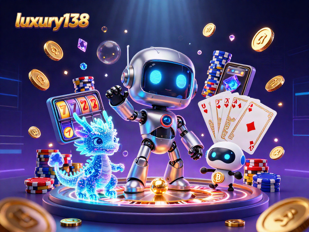 Gambarkan aksi meja poker yang memikat dengan luxury138, menampilkan robot cyberpunk dengan tubuh krom.