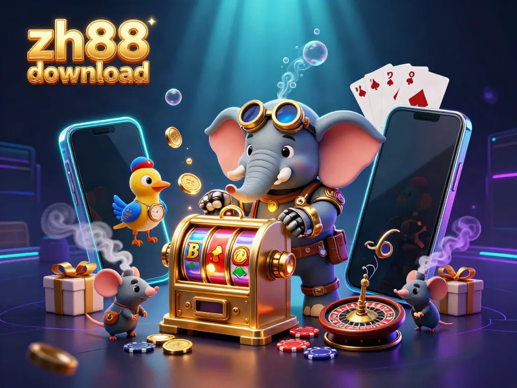 Spin to win with zh88 download showcasing a steampunk elephant and golden slot machines.