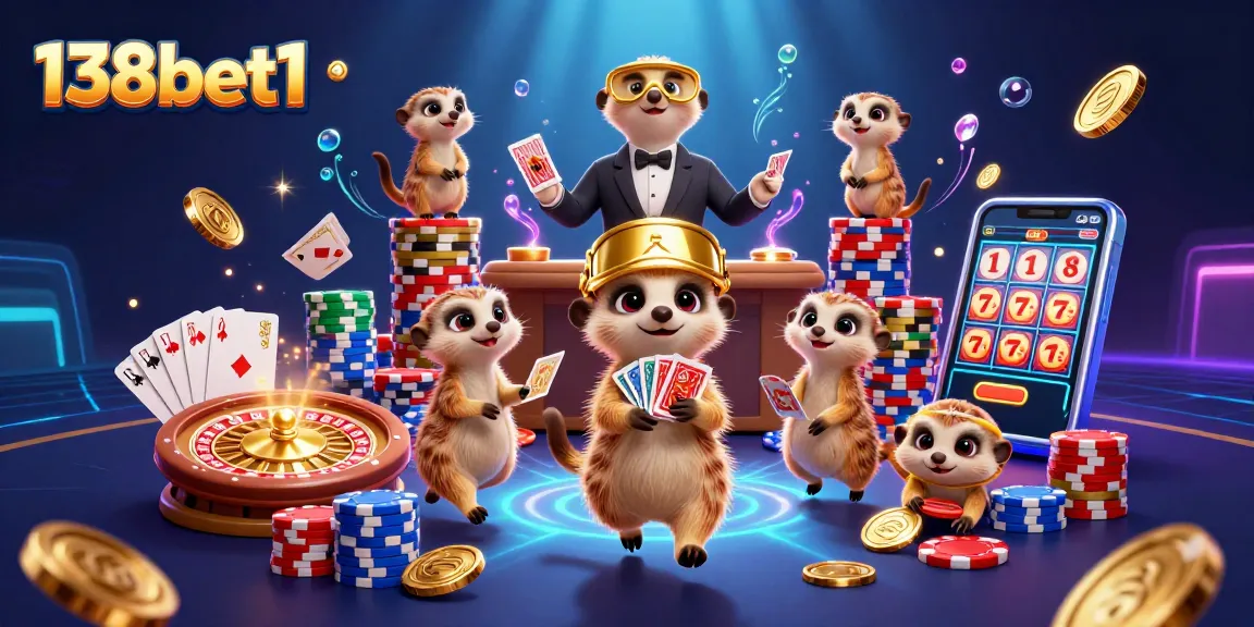 Engage in fun gambling with 138bet1's dynamic 3D meerkats running a casino operation.