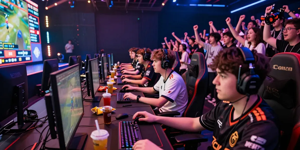 Engaged gamers at a hit club esports event in a vibrant arena.