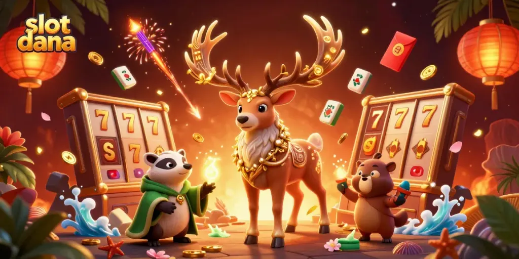 Slot dana menyajikan karakter magis dan elemen keberuntungan dalam ilustrasi kasino yang menakjubkan.