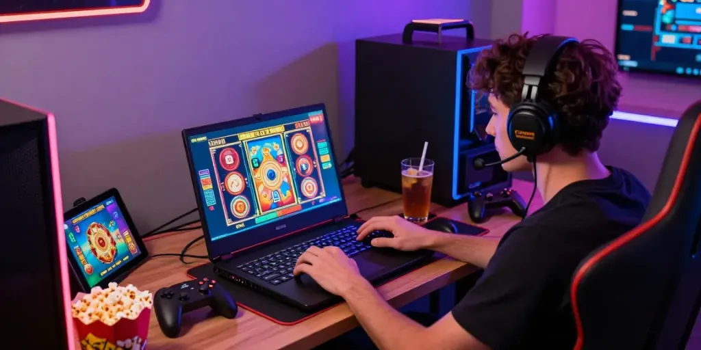 Engaged player enjoying a colorful slot game on a modern gaming laptop, showcasing a lively gaming atmosphere.