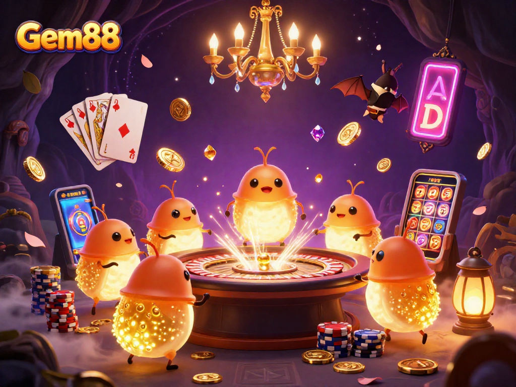 Experience Gem88's thrilling casino atmosphere with glowworms illuminating games and golden treasures.