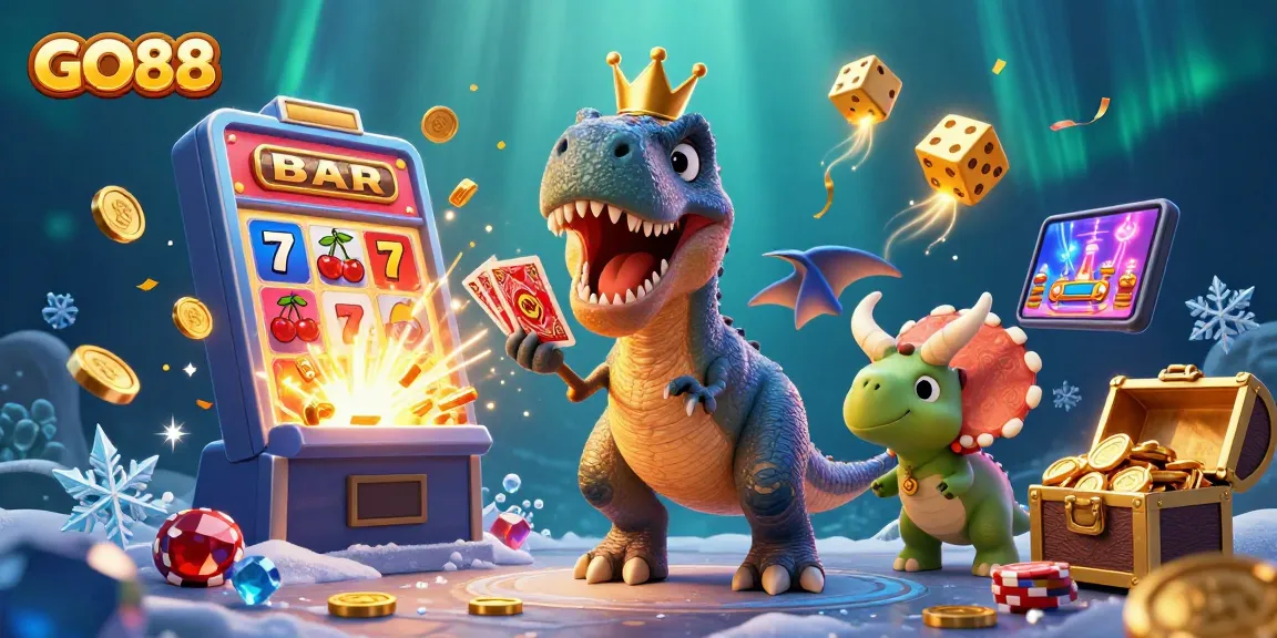 Experience the excitement of GO88 gaming with a 3D cartoon dinosaur scene featuring jackpots and casino fun.