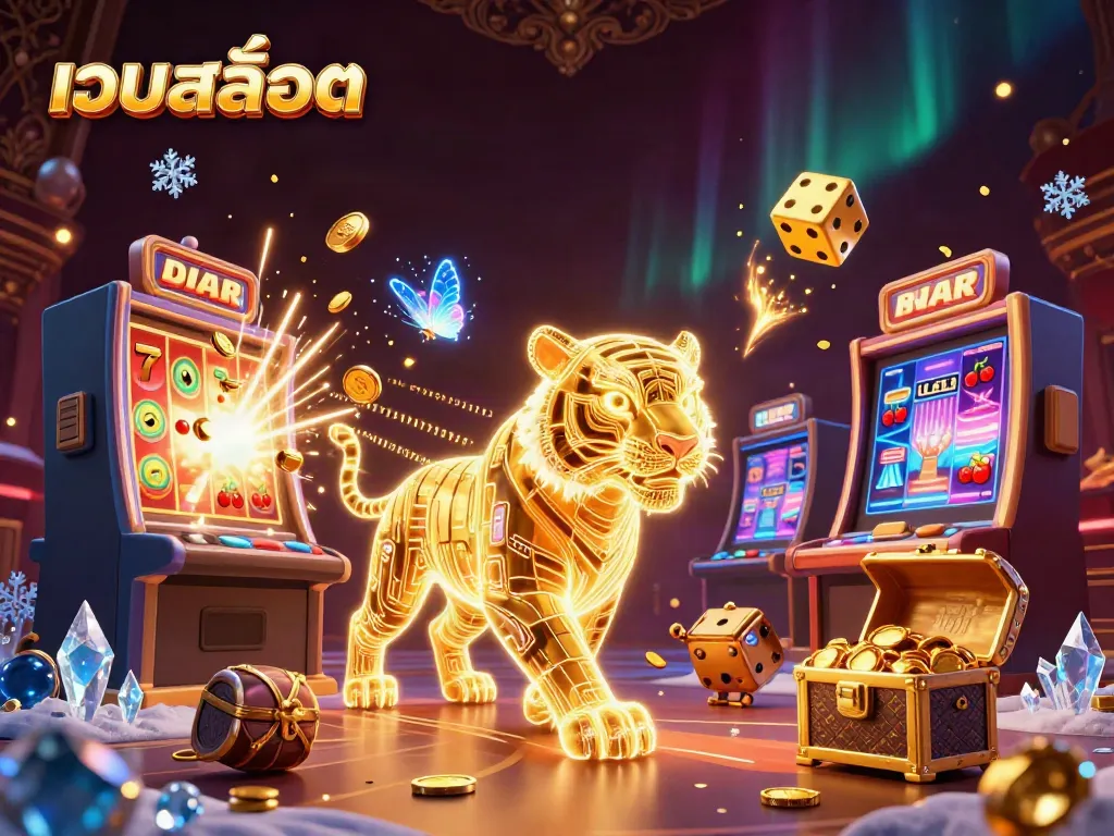 Play เว็บสล็อต with vibrant 3D golden tiger in a dazzling casino landscape bursting with jackpots, coins, and game symbols