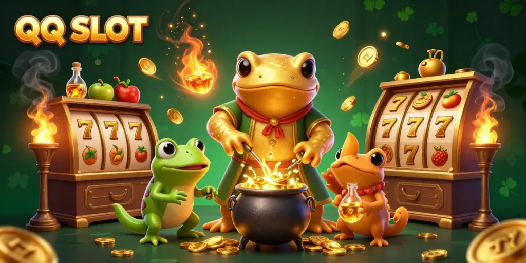 Win big with QQ SLOT games featuring golden characters in a vibrant casino scene.
