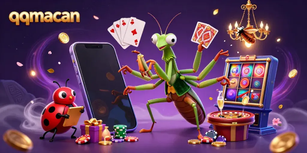 Experience excitement at qqmacan with a vibrant 3D casino scene featuring characters engaged in games.