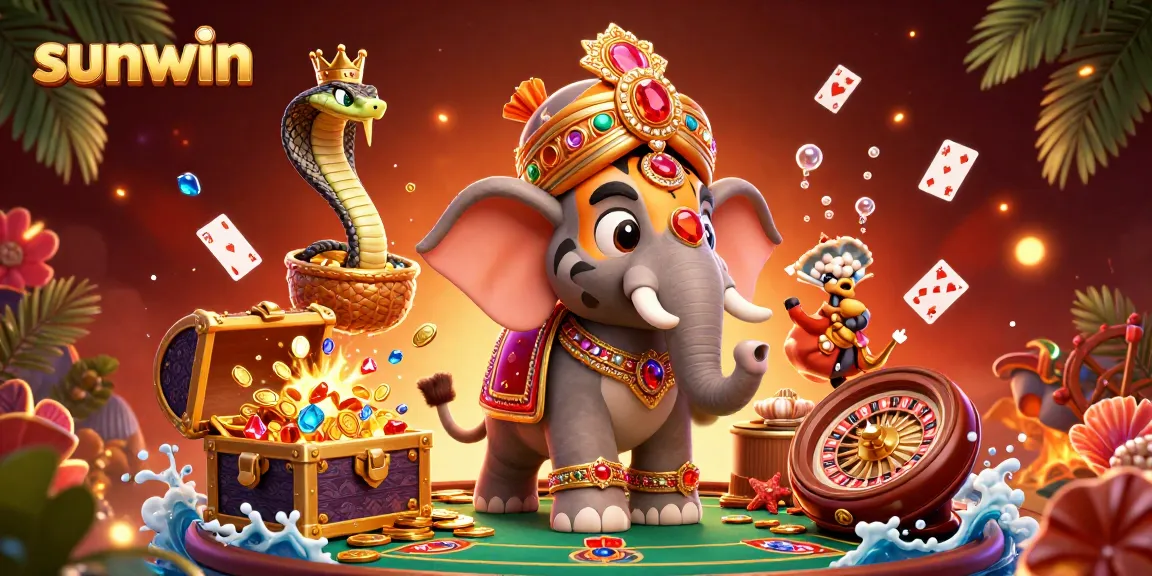 Engage in thrilling games at sunwin with a vibrant illustration of a maharaja, elephant, and cobra amidst casino elements.