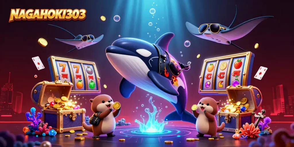NAGAHOKI303 menampilkan orca 3D, stingray, dan berang-berang laut dengan koin emas dalam ilustrasi kasino.