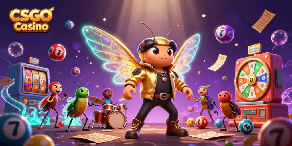 CSGO Casino scene with a cicada rock star, beetle drummer, and colorful game elements