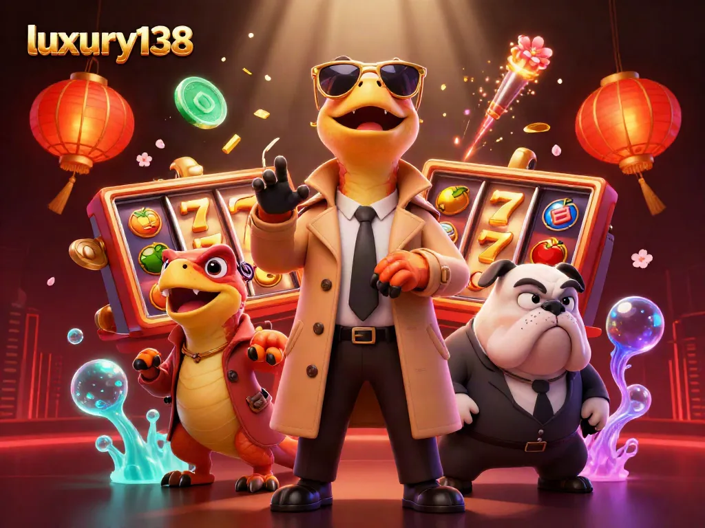 Experience luxury138 with raptors in a trench coat entering a VIP casino lounge, surrounded by vibrant elements.