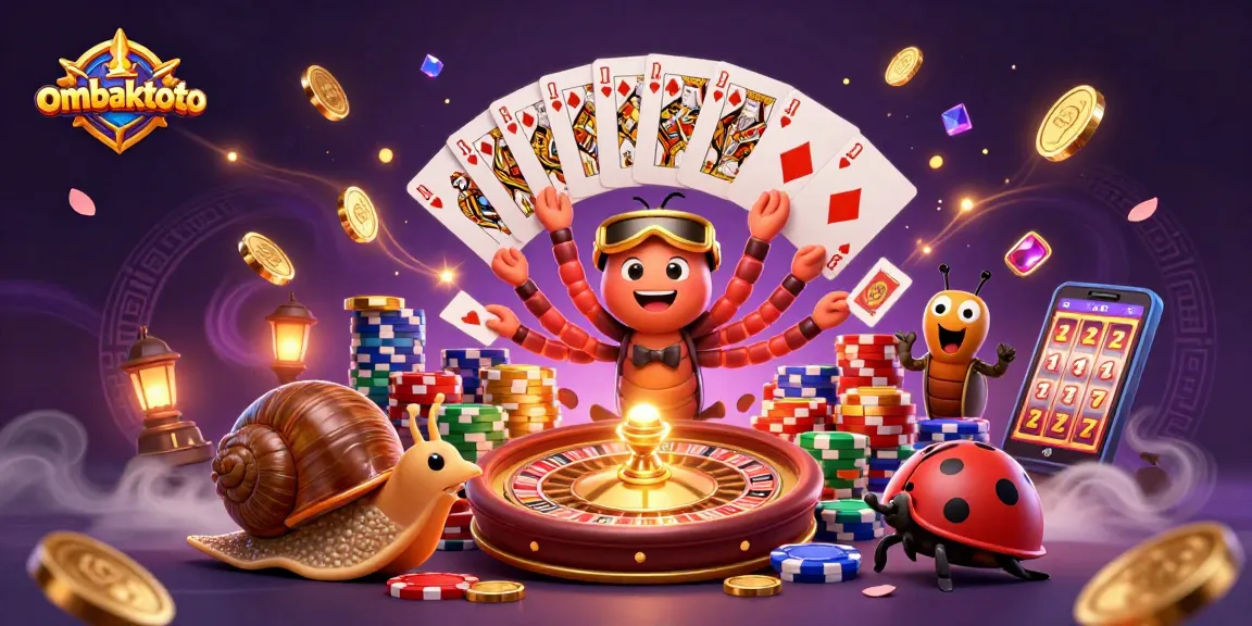 Ombaktoto features a lively dealer and high-roller amid casino excitement with vibrant colors.