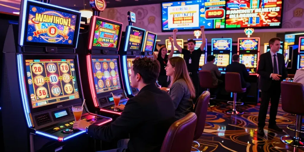 Player celebrating a slot maxwin win in an electrifying casino atmosphere with vibrant lights.