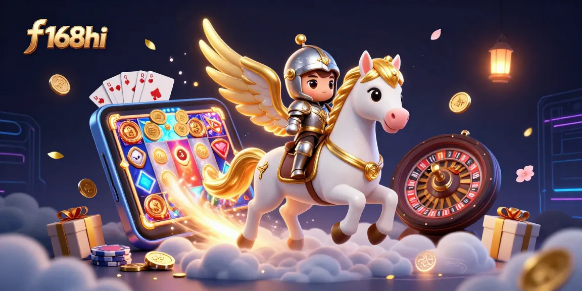 Engage with f168hi in a vibrant 3D casino scene filled with dynamic gaming elements.
