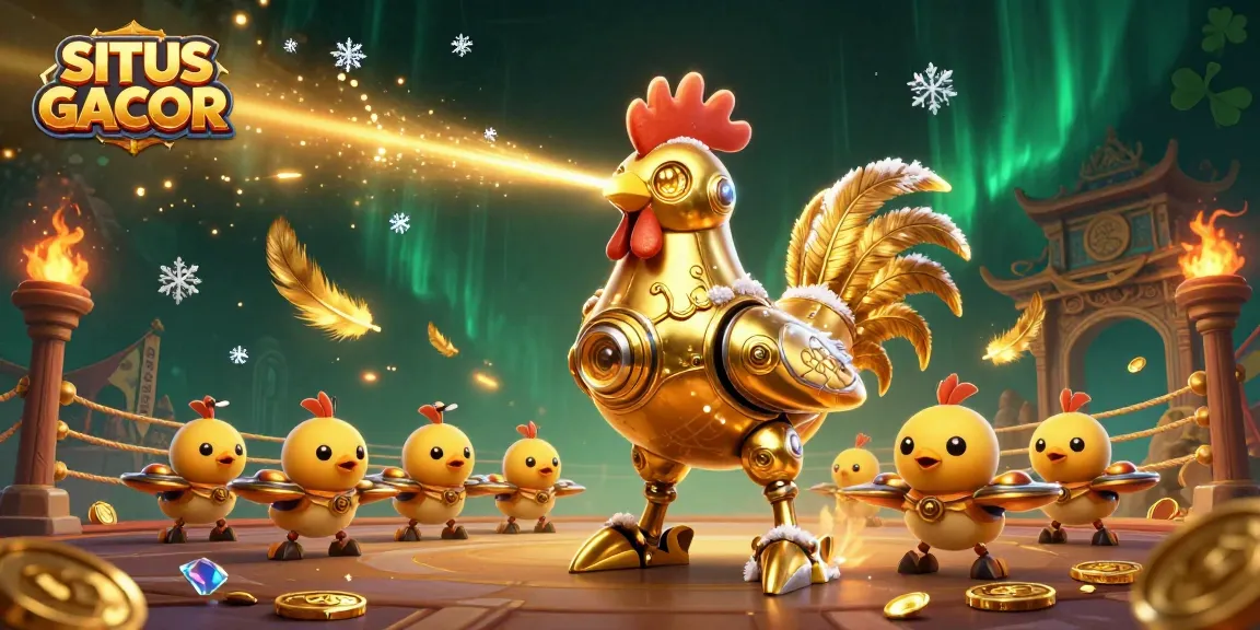 SITUS GACOR showcases a powerful golden rooster robot unleashing winning chances in a vibrant casino scene.