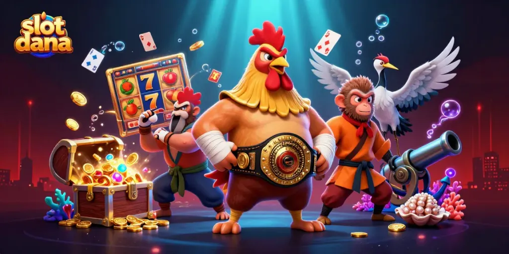 Slot dana yang menarik dengan ilustrasi slot dan karakter kasino yang penuh warna.