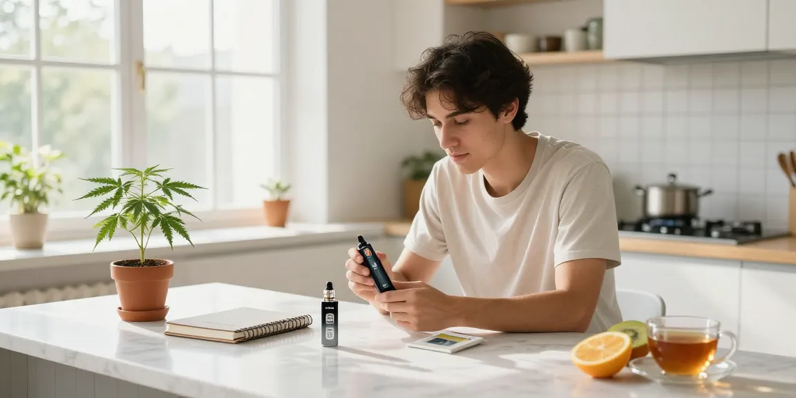 Legal vaping age in Cyprus represented by a young adult in a kitchen verifying age with photo ID and vape product, highlighting natural wellness.