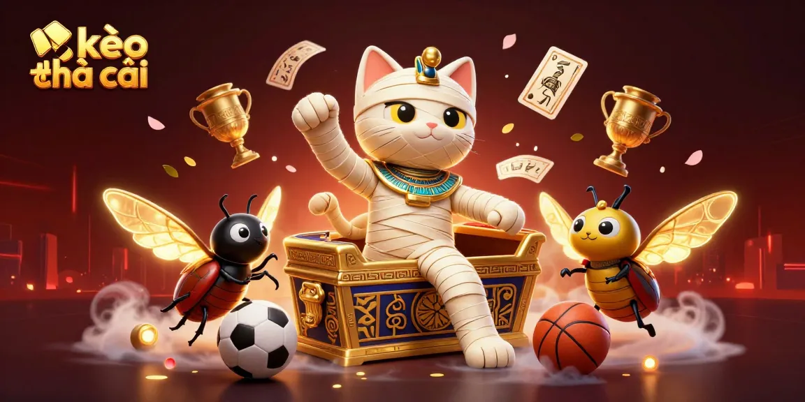 Bet on kèo nhà cái with an illustration of a mummy cat and sports elements in a vibrant casino scene