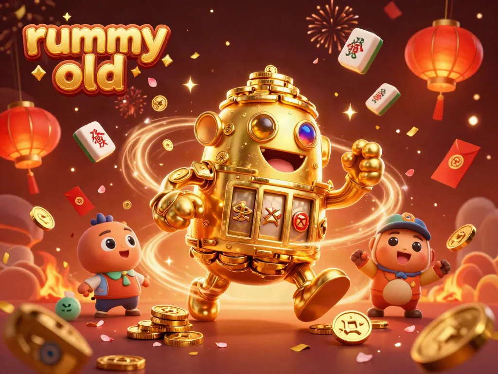 Engaging rummy old illustration featuring a golden golem surrounded by festive casino elements, perfect for rummy enthusiasts.