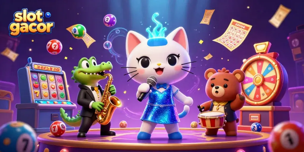 Experience the thrill of slot gacor with vibrant characters and jackpot elements in a lively casino scene.