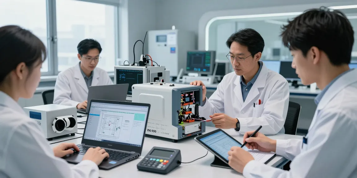 Engineers analyzing the depo 5000 device in a modern technology lab, showcasing collaboration and innovation.