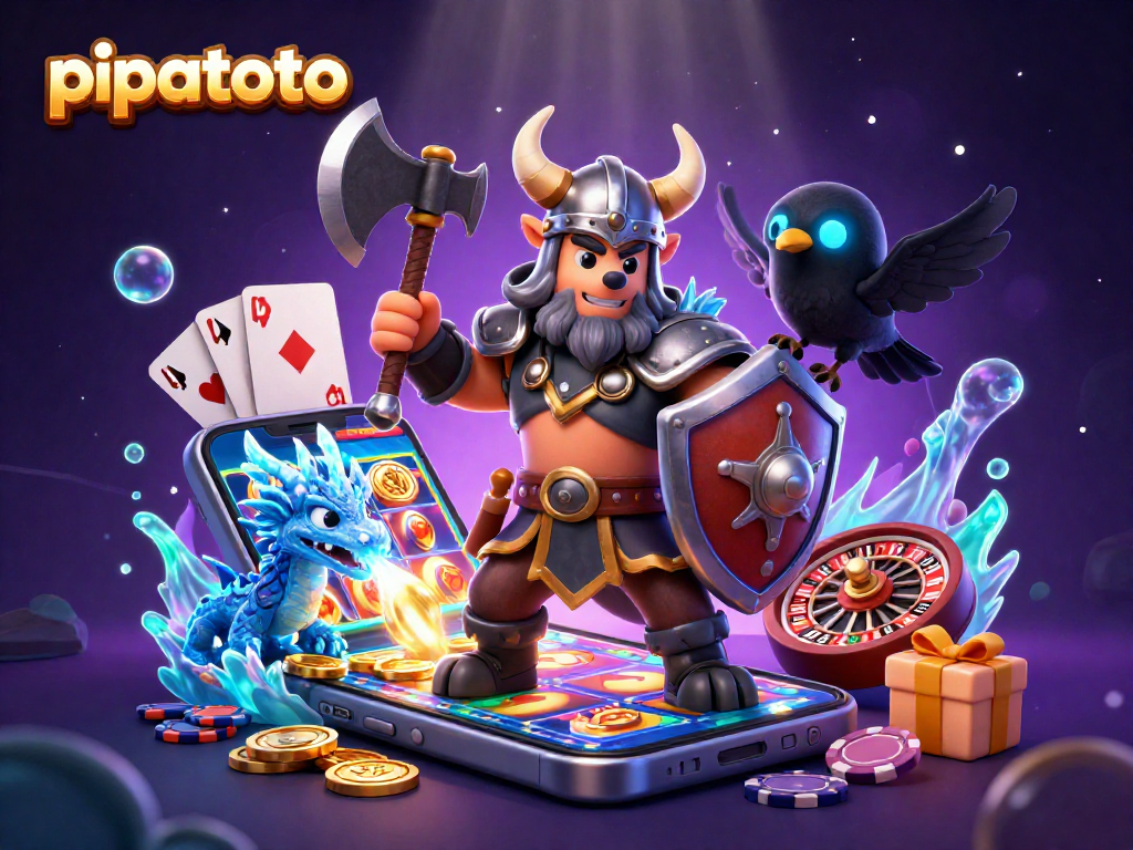 Pipatoto showcases a 3D Viking warrior, dragon, and raven amidst vibrant casino elements like slot games and coins.