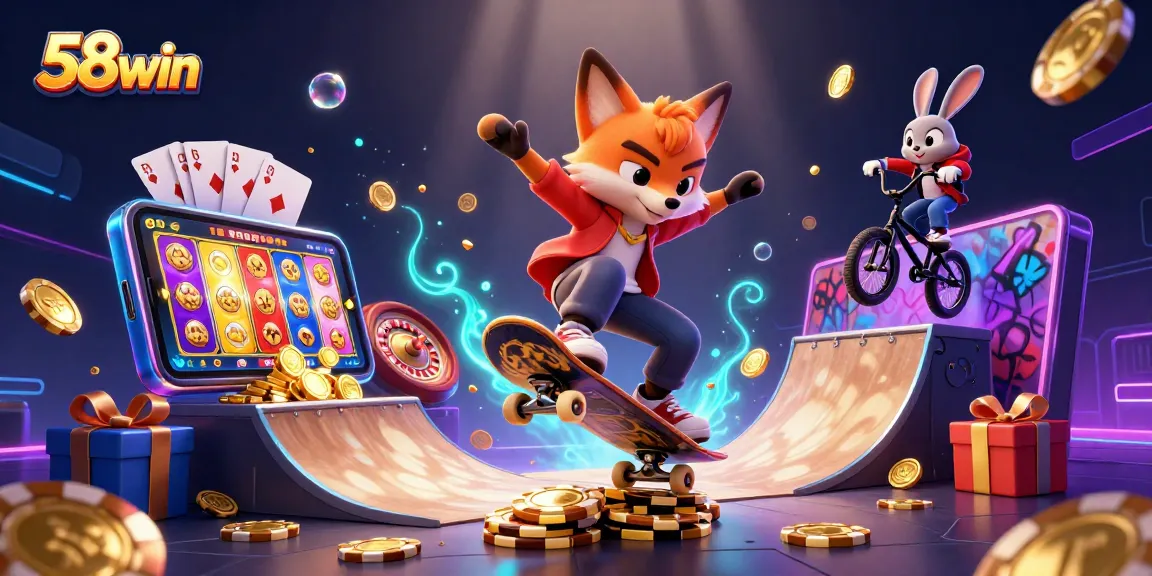 Experience 58win's gaming action with a vibrant 3D scene of a fox and rabbit in dynamic casino-themed illustration.