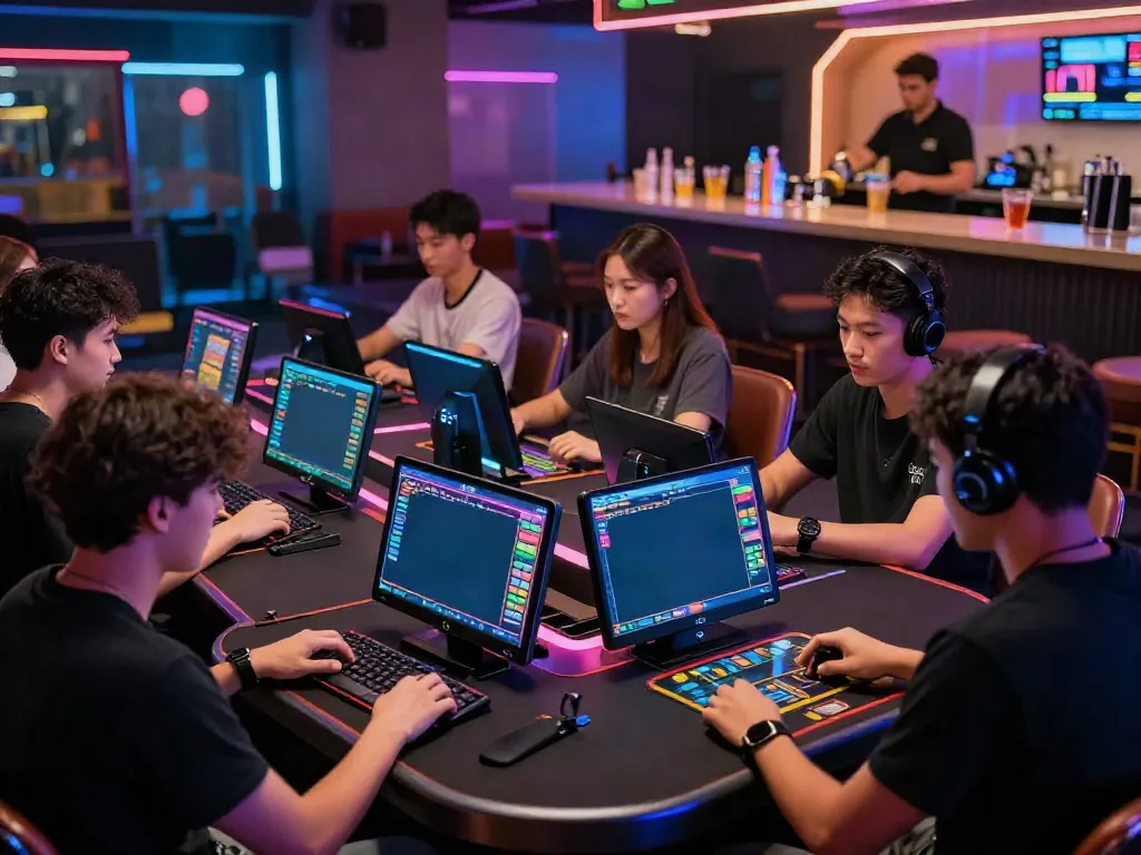 Exciting gambling scene at Unsurtoto gaming lounge with players engaged in digital Togel.