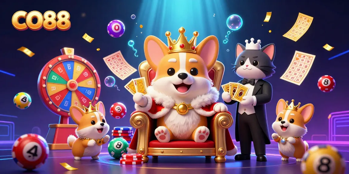 Join CO88 in a vibrant casino scene with a royal corgi, lottery balls, and dynamic gaming elements for excitement.