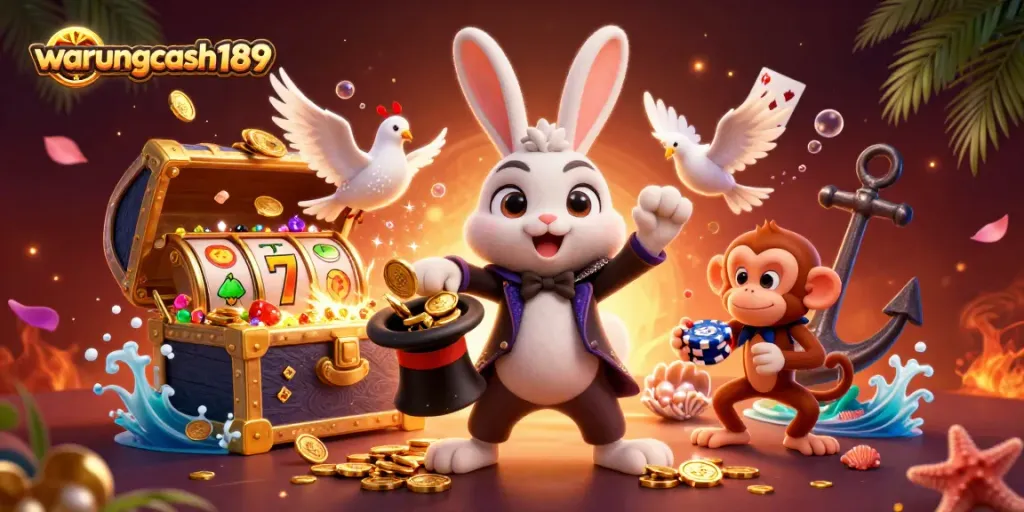 Experience the excitement of warungcash189 with a magical illustration of a rabbit, dove, and monkey in a casino-themed scene.