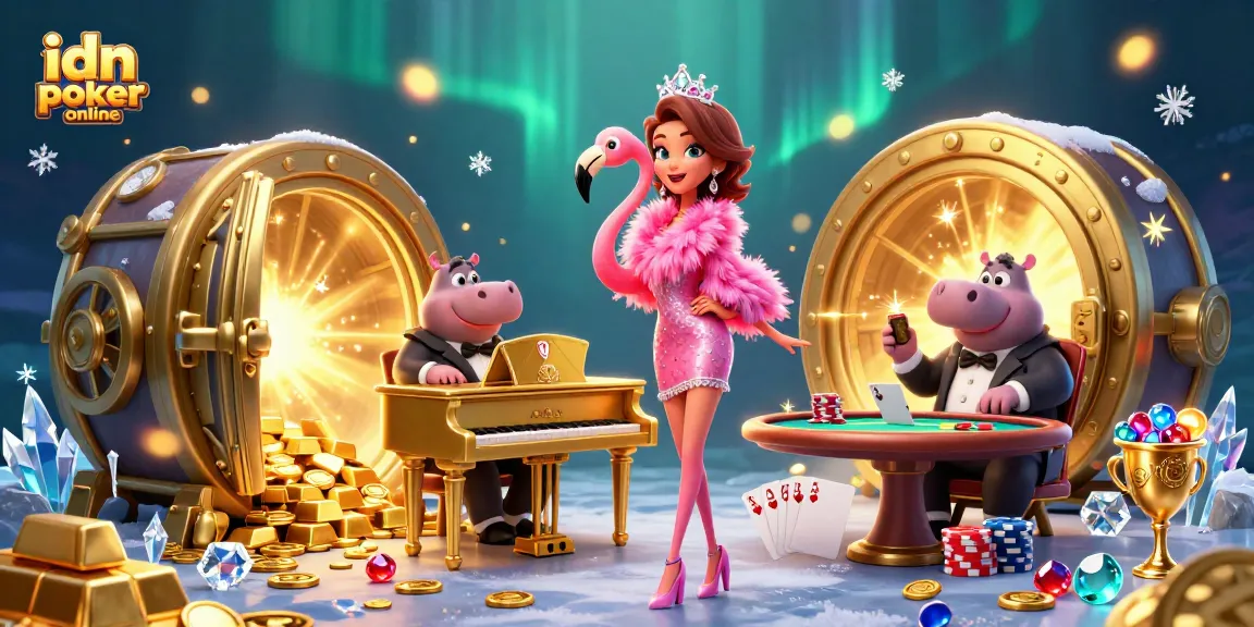 Gambarkan suasana menarik idn poker online dengan penyanyi flamingo dan bassist hippo di kasino.