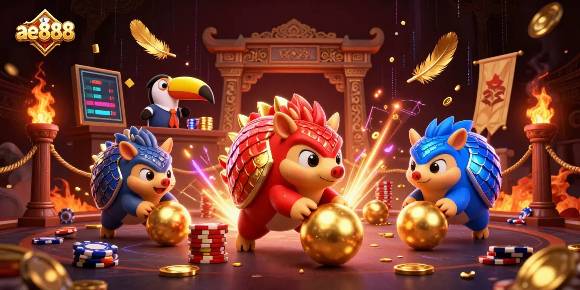 Engage in thrilling gameplay with ae888 as pangolins bowl through casino chips in an electric atmosphere.