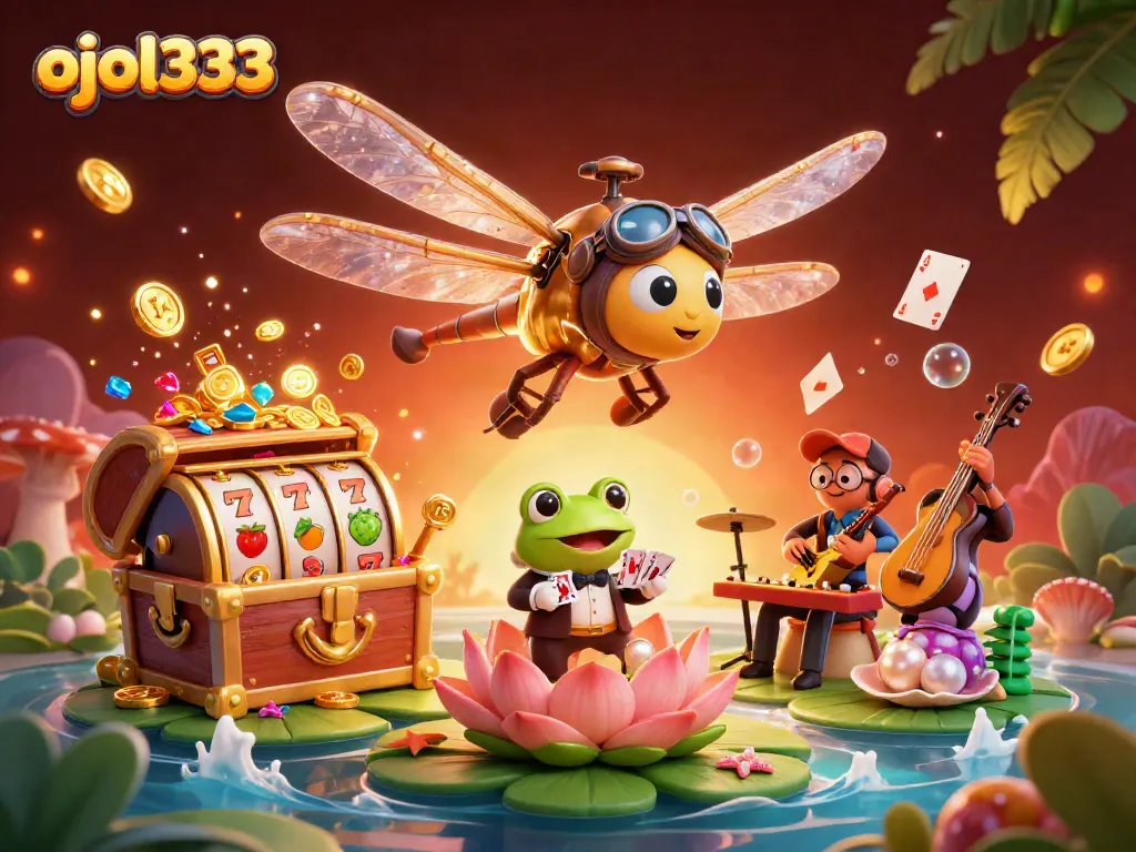 ojol333 promotes a lively casino scene with a dragonfly pilot, frog dealer, and energetic cricket musicians.